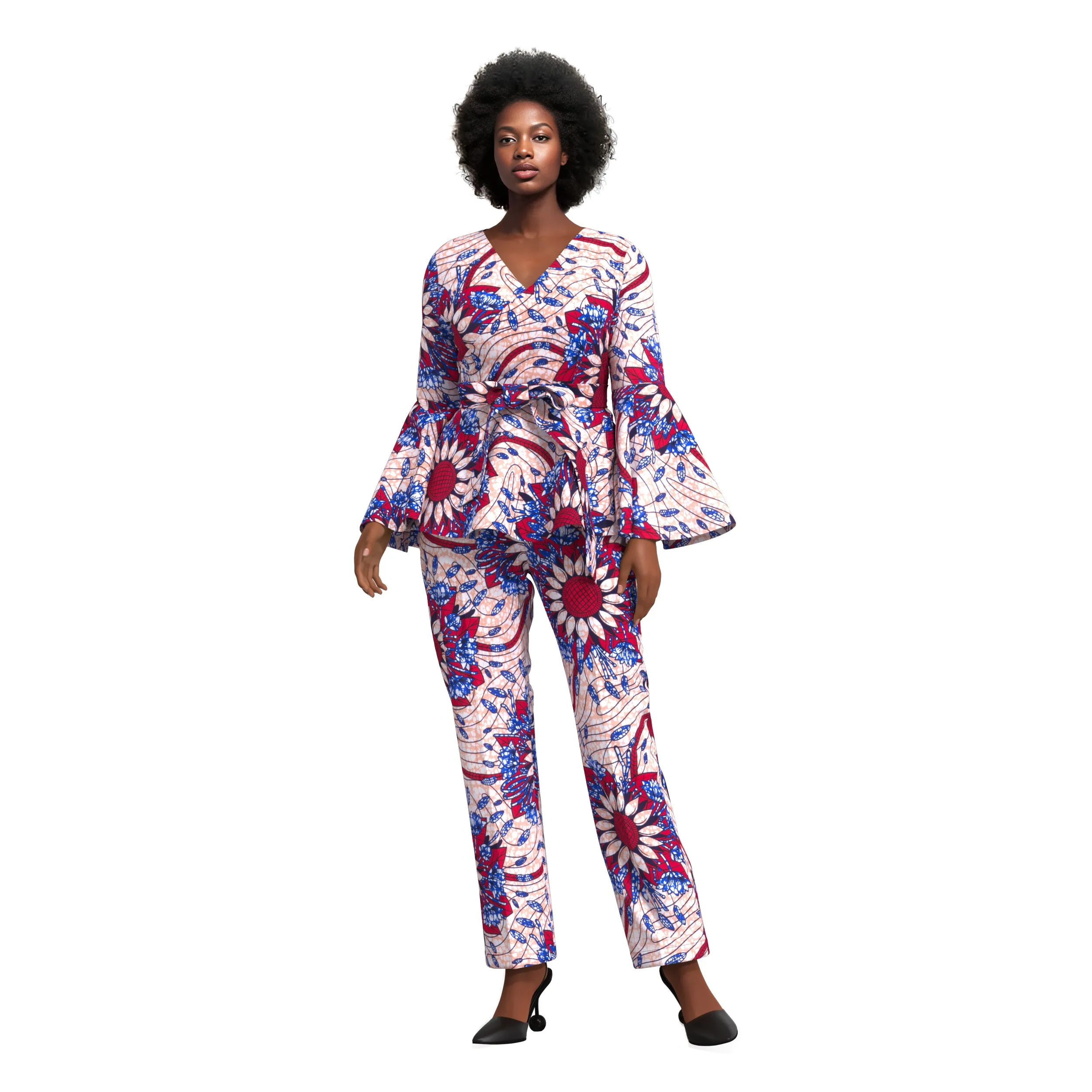 African Women 2 Piece Outfit, Bell Sleeve Wrap Short Top Matching Belt Straight Long Pants Ankara Wax Print  WY10636