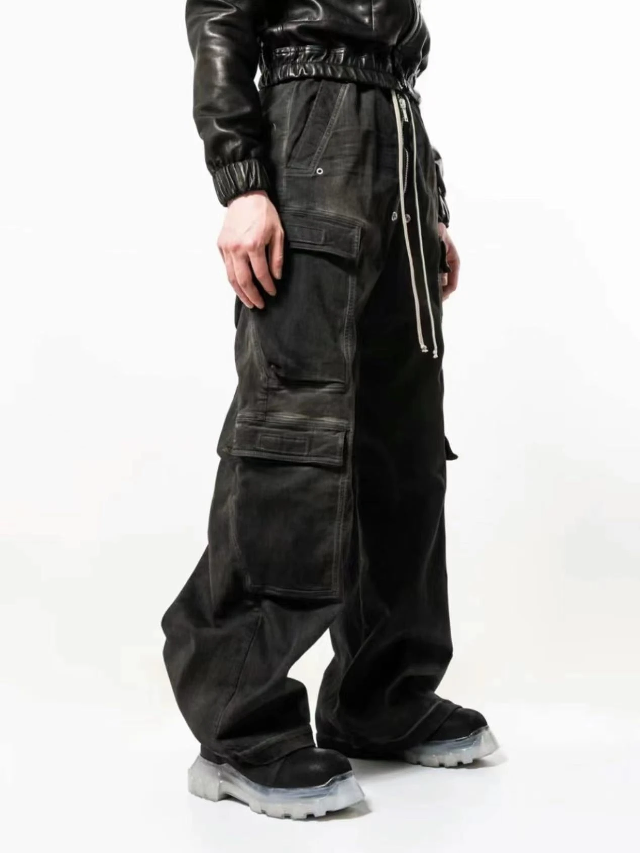 High Street Denim Pants RO Men's Gradient Multi Pocket Workwear Straight Tube Casual Drawstring Wide Leg Flared Loose Pant