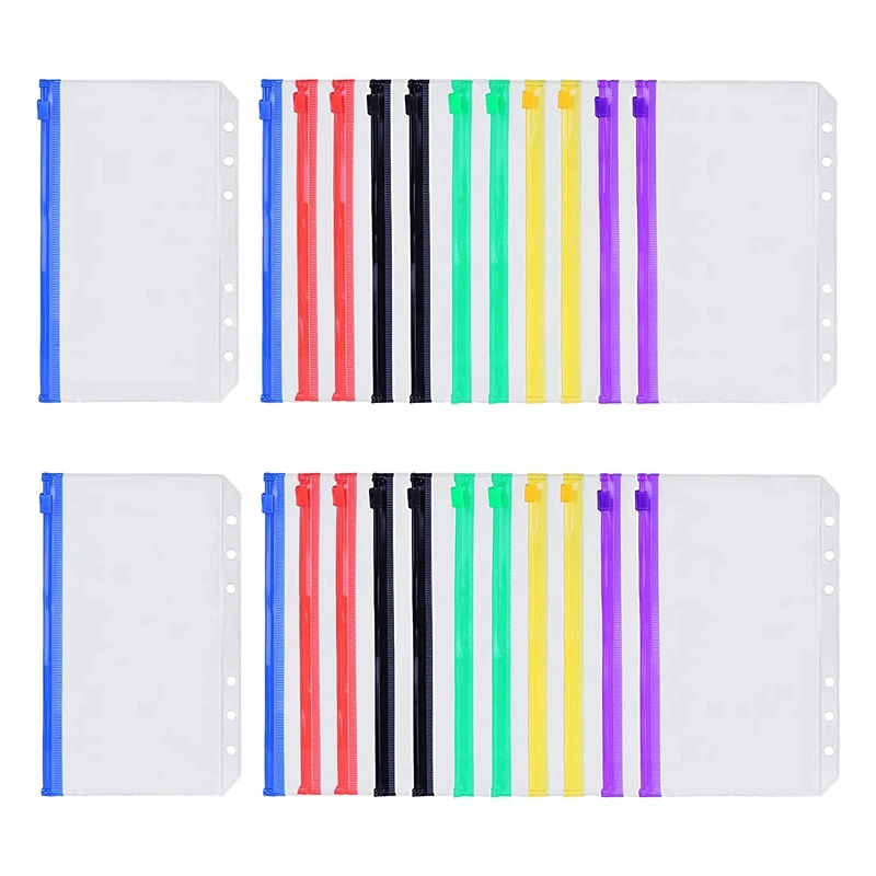 

24Pcs Waterproof PVC Binder Pockets A6 Size Multicolor Zipper Cash Envelopes For 6-Ring Notebook Binder Planner