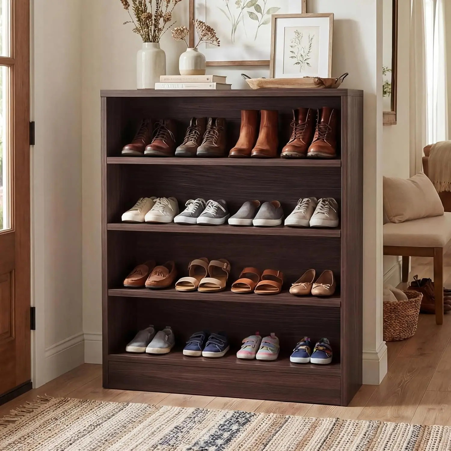 

Homieasy Shoe Cabinet, 5-Tier Modern Wood Shoe Storage Organizer with 3 Adjustable Shelves for Entryway, Multi-Purpose Display S