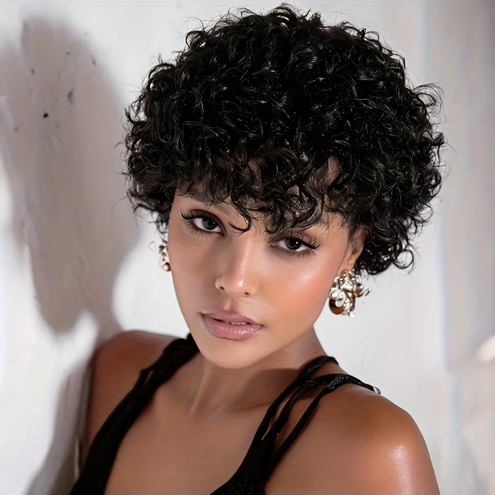 

Короткий афро вьющийся парик из человеческих волос | Подходит для женщин с челкой - полный парик машинного производства. Парики с стрижкой пикси для повседневного ношения и Рождества.