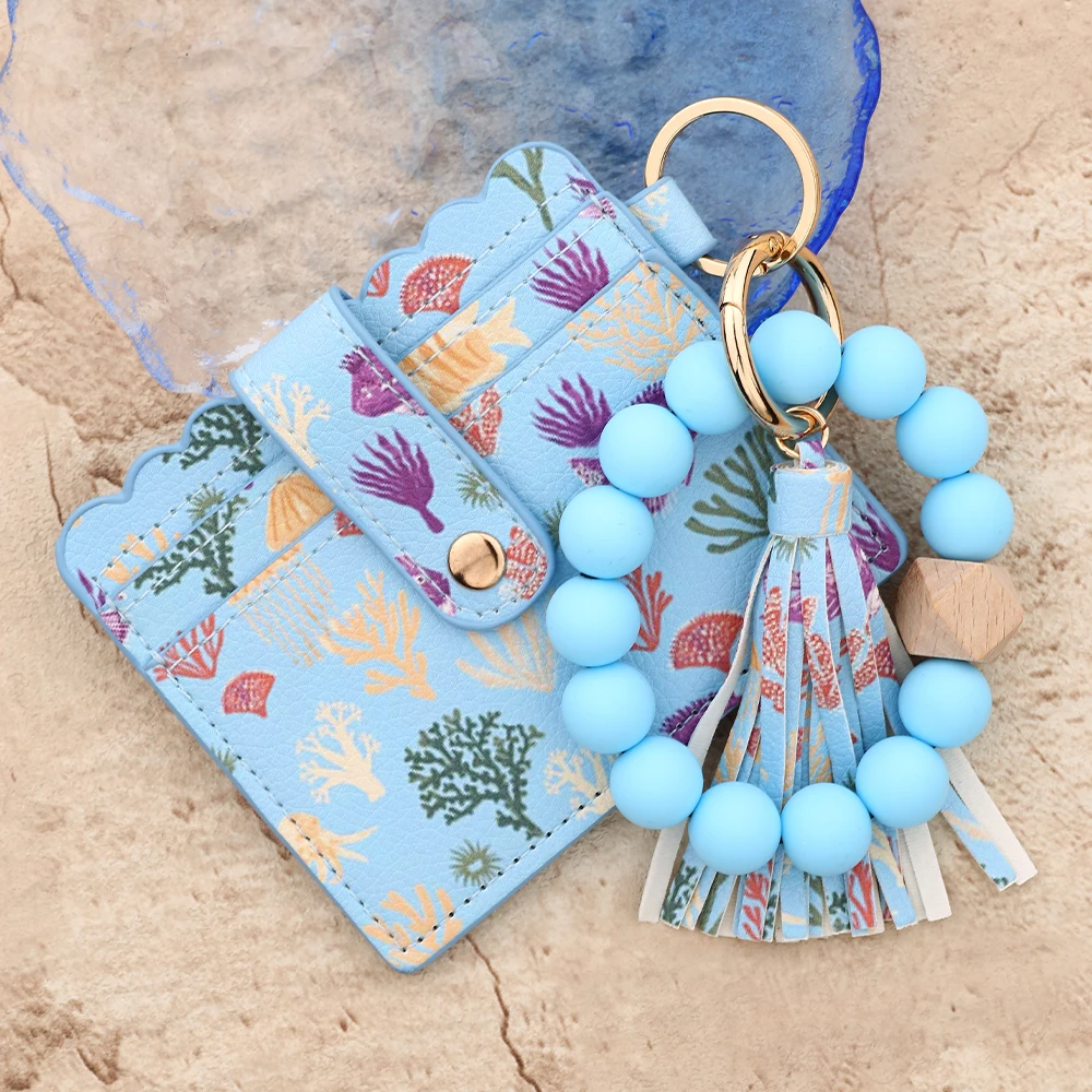 2025 Silicone Bead Bracelet Ocean Print Leather Card Bag Wristlet Keychain Mushroom Fruit Leather Wallet Bangle