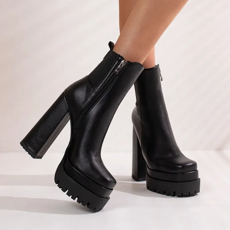 Winter Autumn Women Boots Sexy Mid Calf Boot Zipper Style PU 8CM  Heel  Square Head  and Women's Short Boots Black image 3