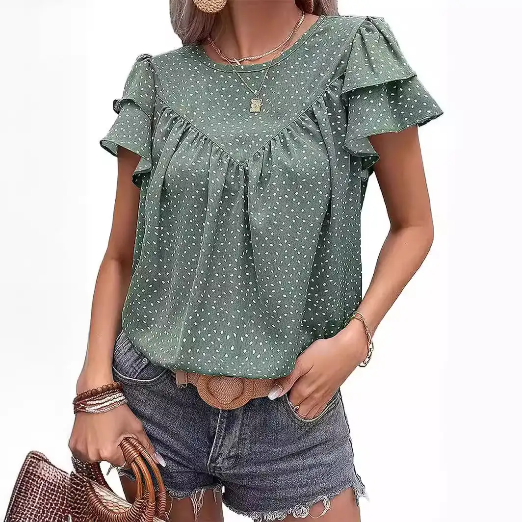 

Женская летняя футболка в горошек, с круглым вырезом и рукавами с оборками, повседневный Свободный Топ, новинка 2024