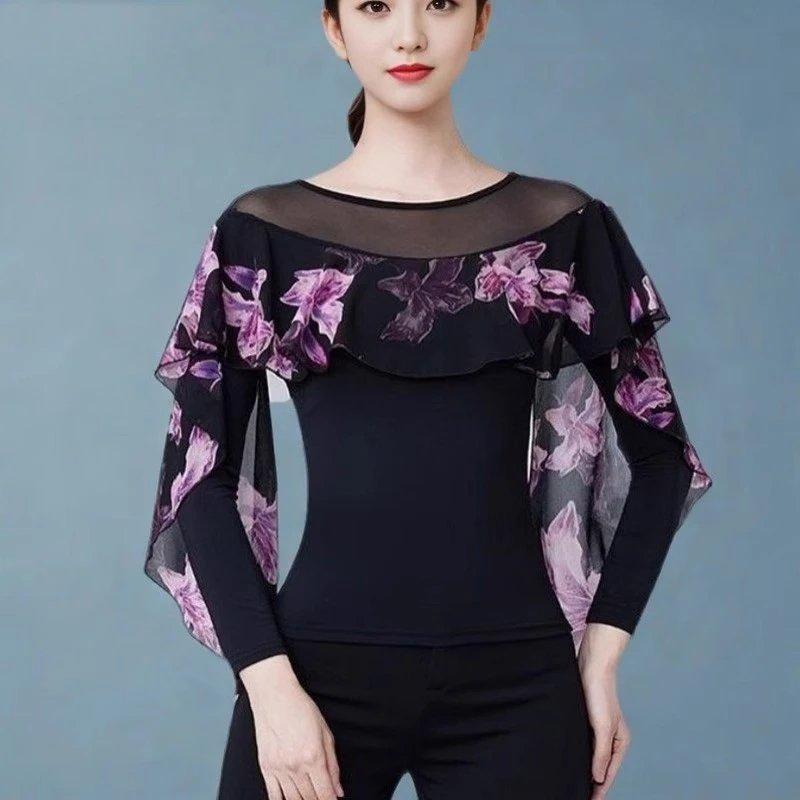 Roupas de dança latina finas e modernas, roupas de prática para mulheres, novo padrão nacional, roupas de dança de salão, mangas compridas