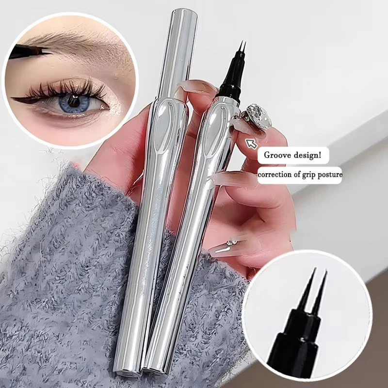 Lápiz de cejas plateado ultrafino de 2 puntos, tatuaje de cejas salvaje líquido, resistente al agua, 2 tenedores, lápiz para cejas de gusano de seda, maquillaje de ojos fácil de agarrar