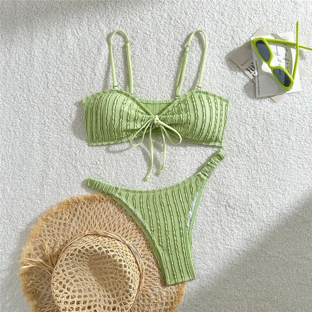 Light Green Wrinkled Micro Thong Sexy Bikinis Sets Swimsuit Women 2026 Front Lace-up Swimwear Bikini Mujer Biquinis Bathing Suit