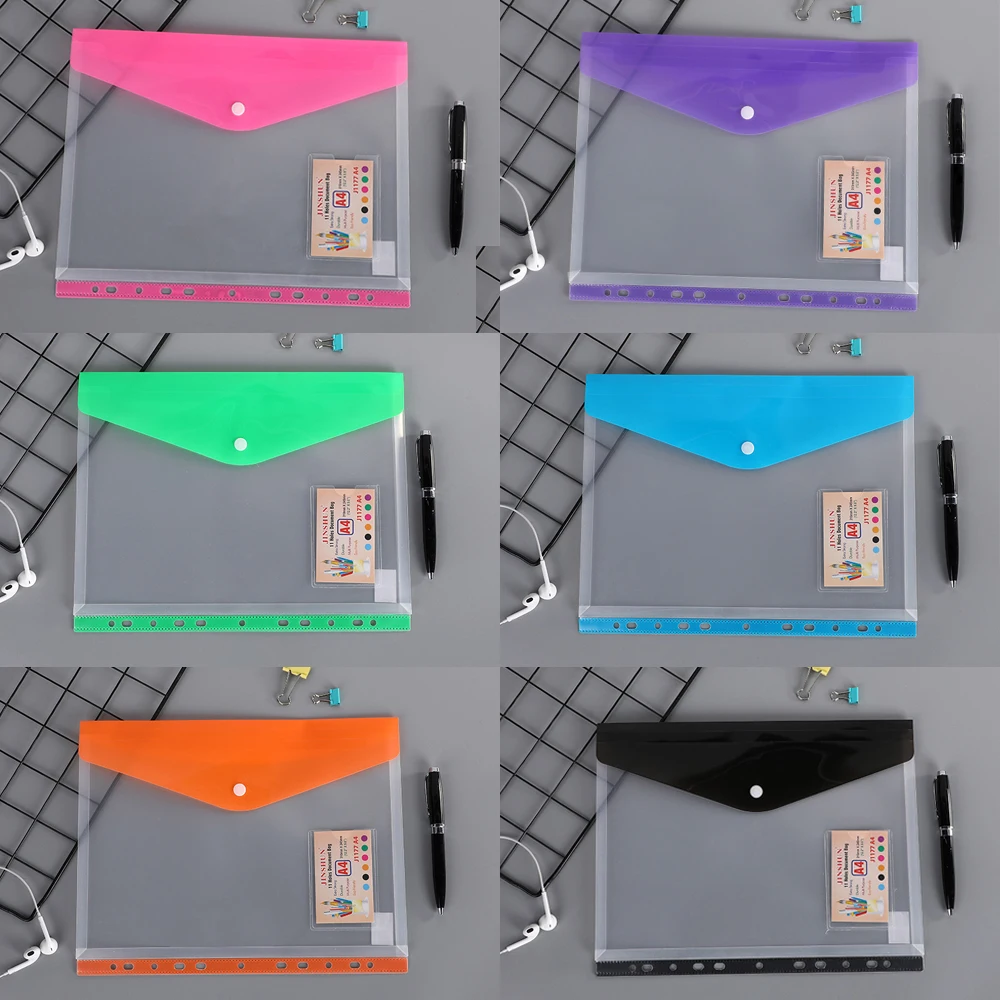 Random Color A4 Document Storage Bag With Snap Clear 11 Holes File Folders Vertical Horizontal Binder Pocket Office Supplies