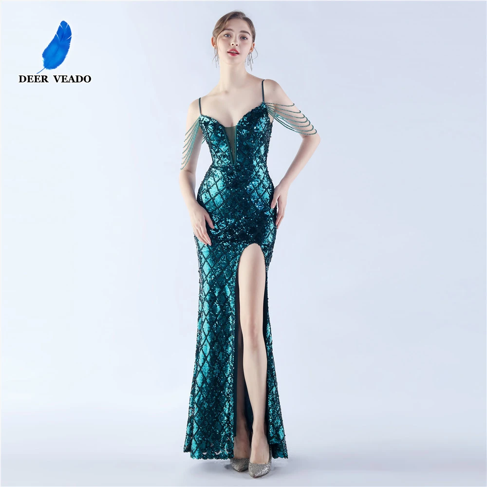 

DEERVEADO Strap V Neck Sequins Evening Dress for Woman Mermaid Slit Party Maxi Dress with Beads Long Prom Dresses