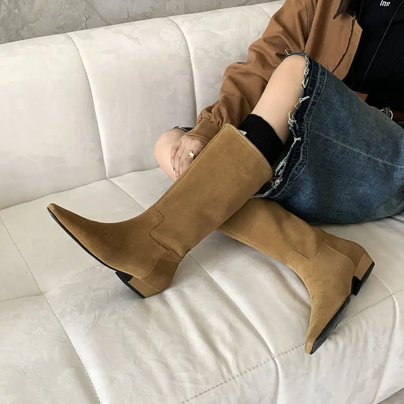 QUTAA 2025 News Winter Fashion Women Mid Calf Boots Square Toe Woman Shoes Low Heel Genuine Leather Long Boots Black Size 34-39