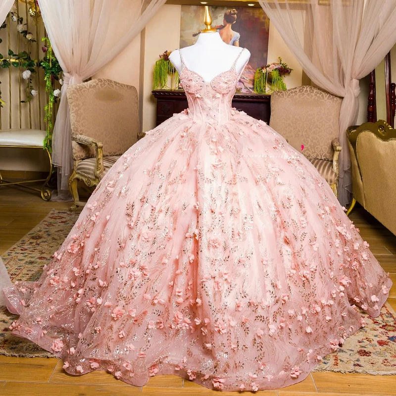 

Pink Shiny Princess Quinceanera Dresses Ball Gown Off The Shoulder 3D Floral Lace Beads Tull Corset Sweet 15 Vestidos De XV Años