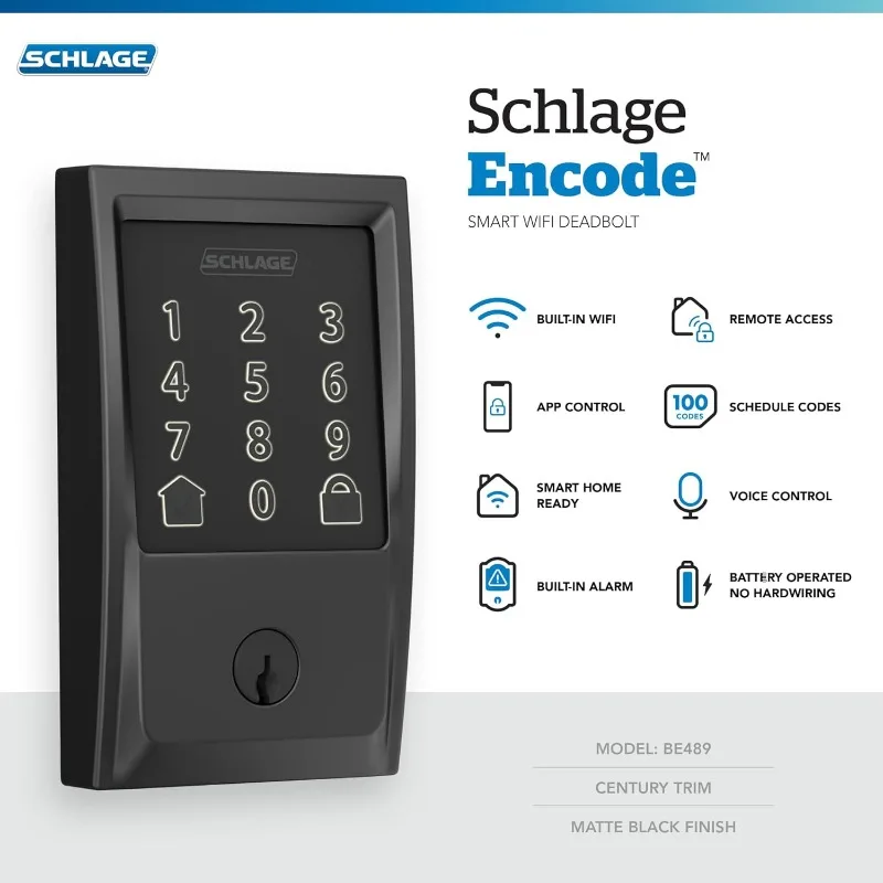 Imagem -05 - Schlage-deadbolt Wi-fi Inteligente com Guarnição do Século Codificar Inteligente Preto Fosco