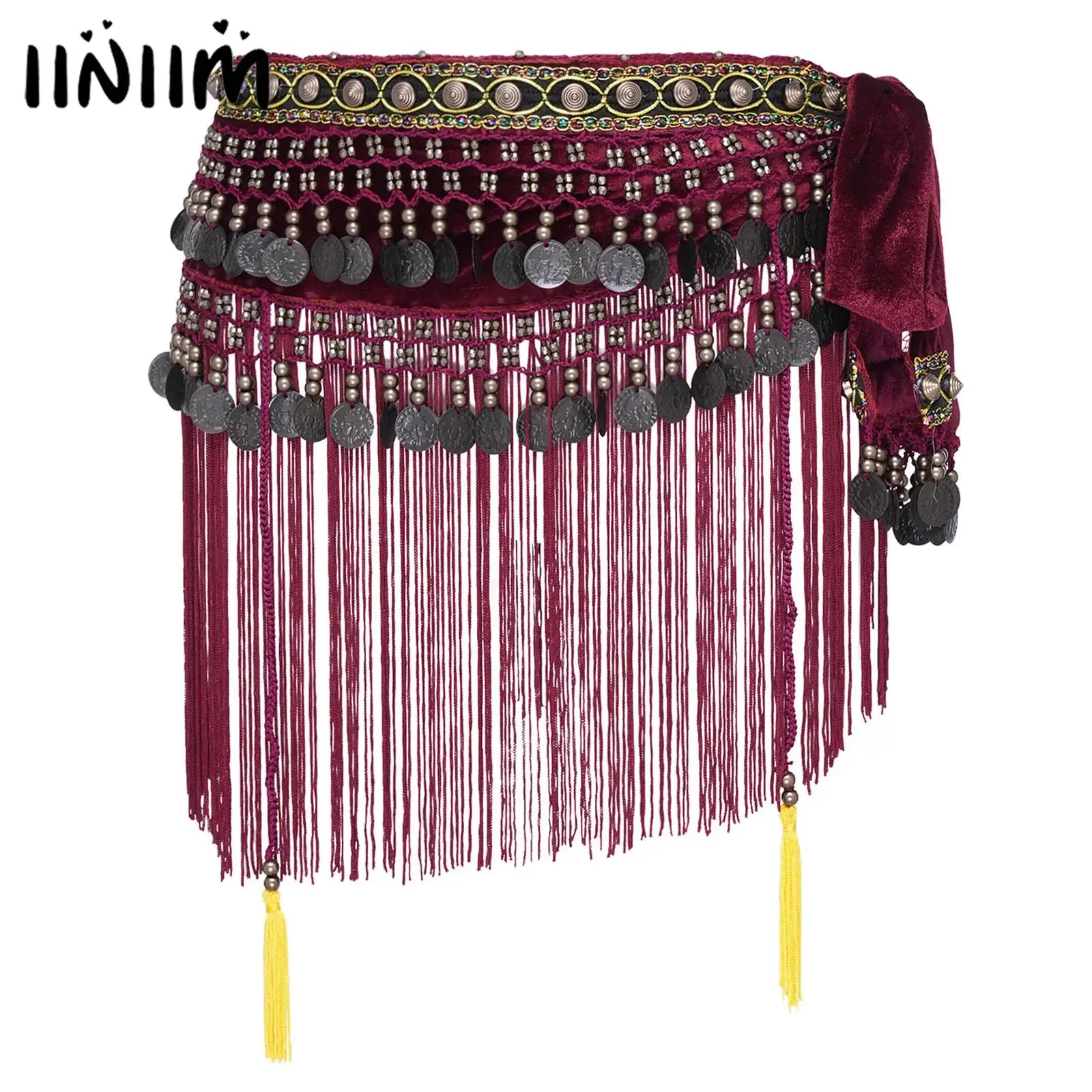 

Womens Indian Belly Dance skirts Waist Chain Tassel Self-lacing Hip Scarf Waist Skirt Folk Dance India Performances Costume