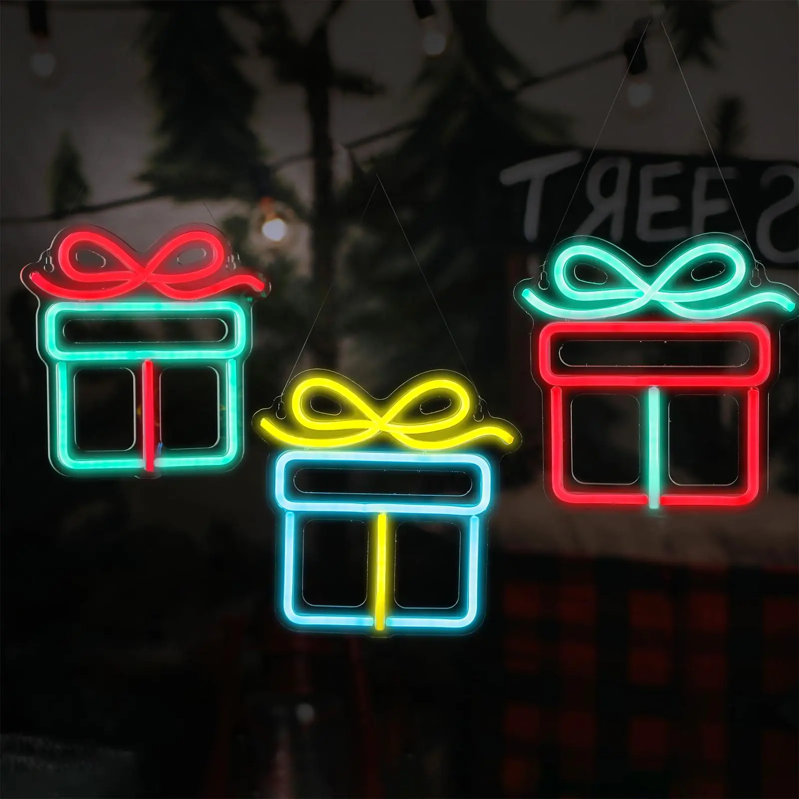 3 Pcs Christmas Gift Boxs Neon Sign with Dimmable USB Wall Bar Living Room Decor for Winter Party Holiday Night Bedroom Gifts