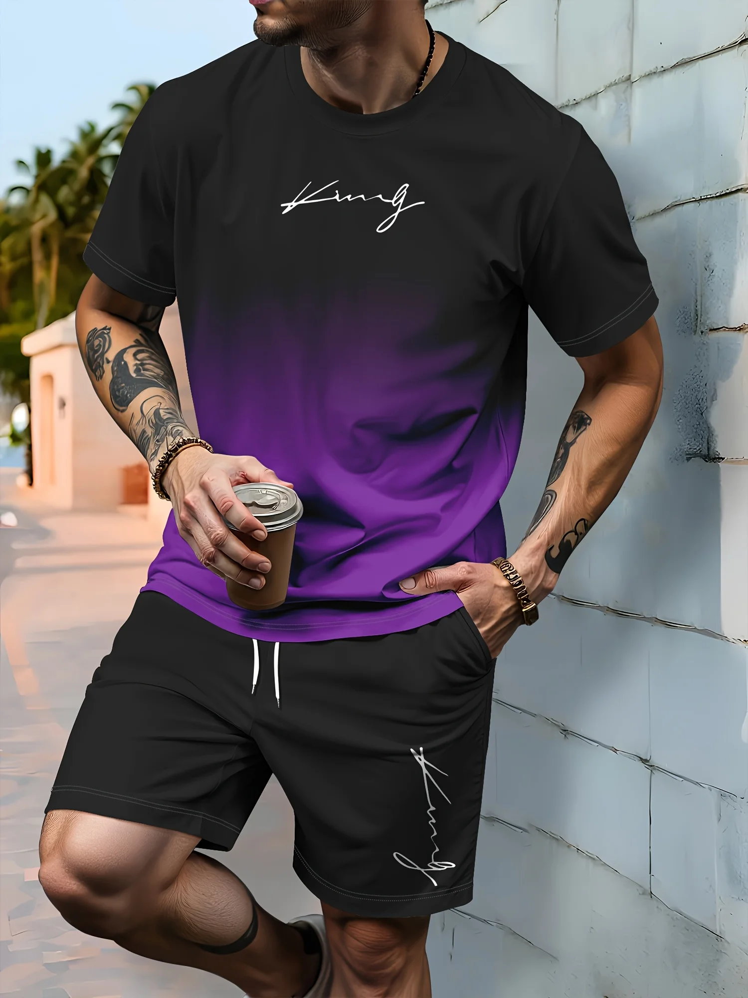 الكلاسيكية الرجال التدرج اللون الملك تي شيرت مطبوع السراويل 2 قطعة مجموعة حجم كبير التجفيف السريع الرياضة قصيرة الأكمام الجانب جيب السراويل #1