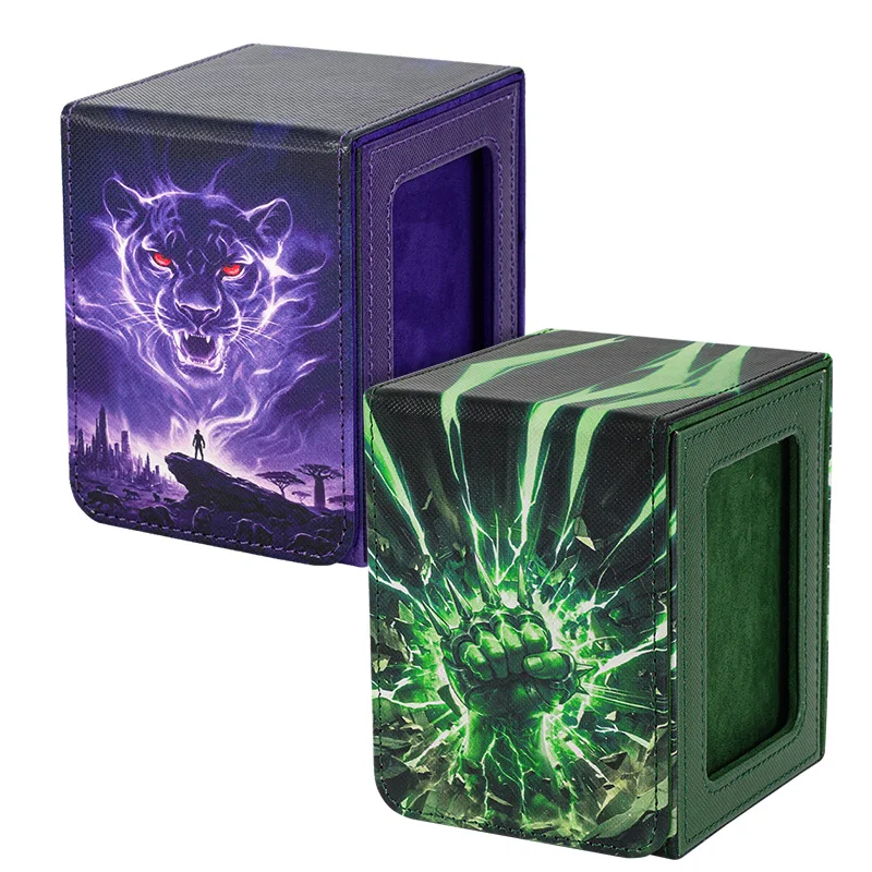 2 Pack Card Deck Box Pattern Print with Display Windows, Holds 100+ Double‑Sleeved Cards, Waterproof PU Leather for TCG Cards