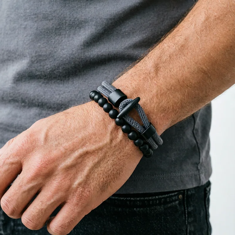 Classic 2Pcs Braided Rope Stone Elastic Bracelet Set Men Apparel Accessories Handmade Bilayer 6mm Black Beads Homme Wrist Joias