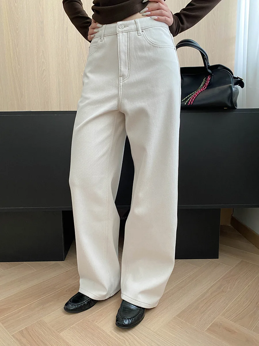 

Женские повседневные однотонные белые утягивающие свободные прямые брюки в стиле ретро с высокой талией и флисовыми джинсами