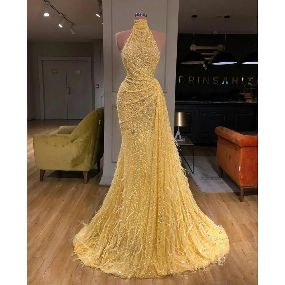 KSDN Yellow Evening Dress Sleeveless Halter Sequined Beading Sweep Train Feathers Pleated Formal Party Luxury Gown Elegant Women