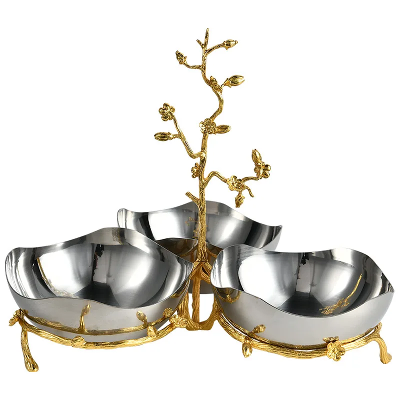 Light luxury villa golden branches loose leaves three grids stainless steel fruit plate salad plate European light luxury model