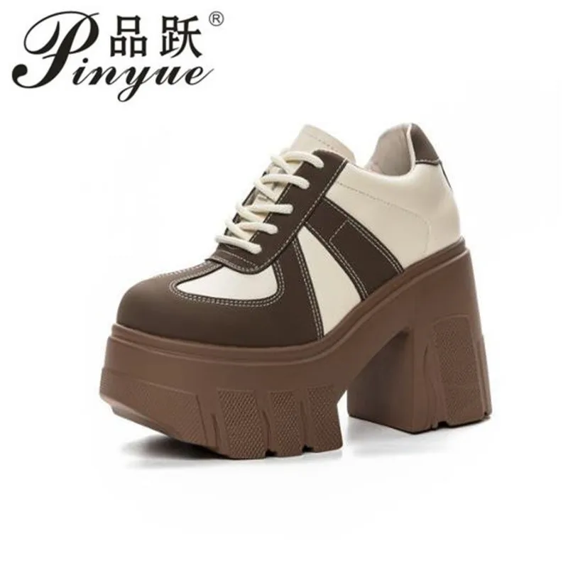 

11cm New Women Fashion Luxury Lace-up Genuine Leather Platform Wedge Pumps Comfy Ankle Booties Spring Autumn Heels High shoes