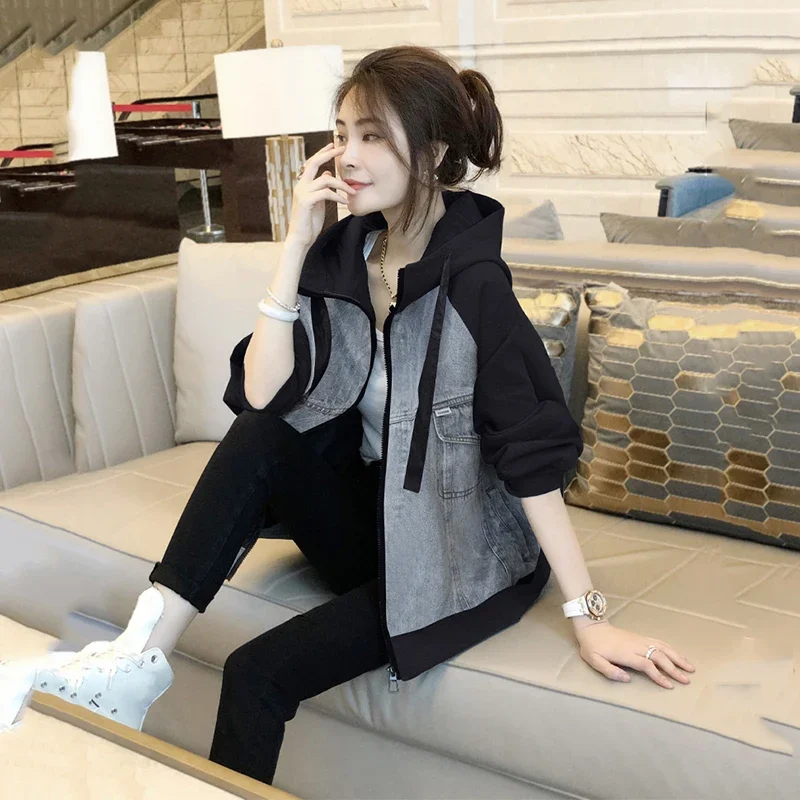 3XL المرأة خمر مقنعين الدنيم سترة الشارع الشهير ربيع الخريف شيك فضفاض صالح الجينز ملابس خارجية السيدات منفذها