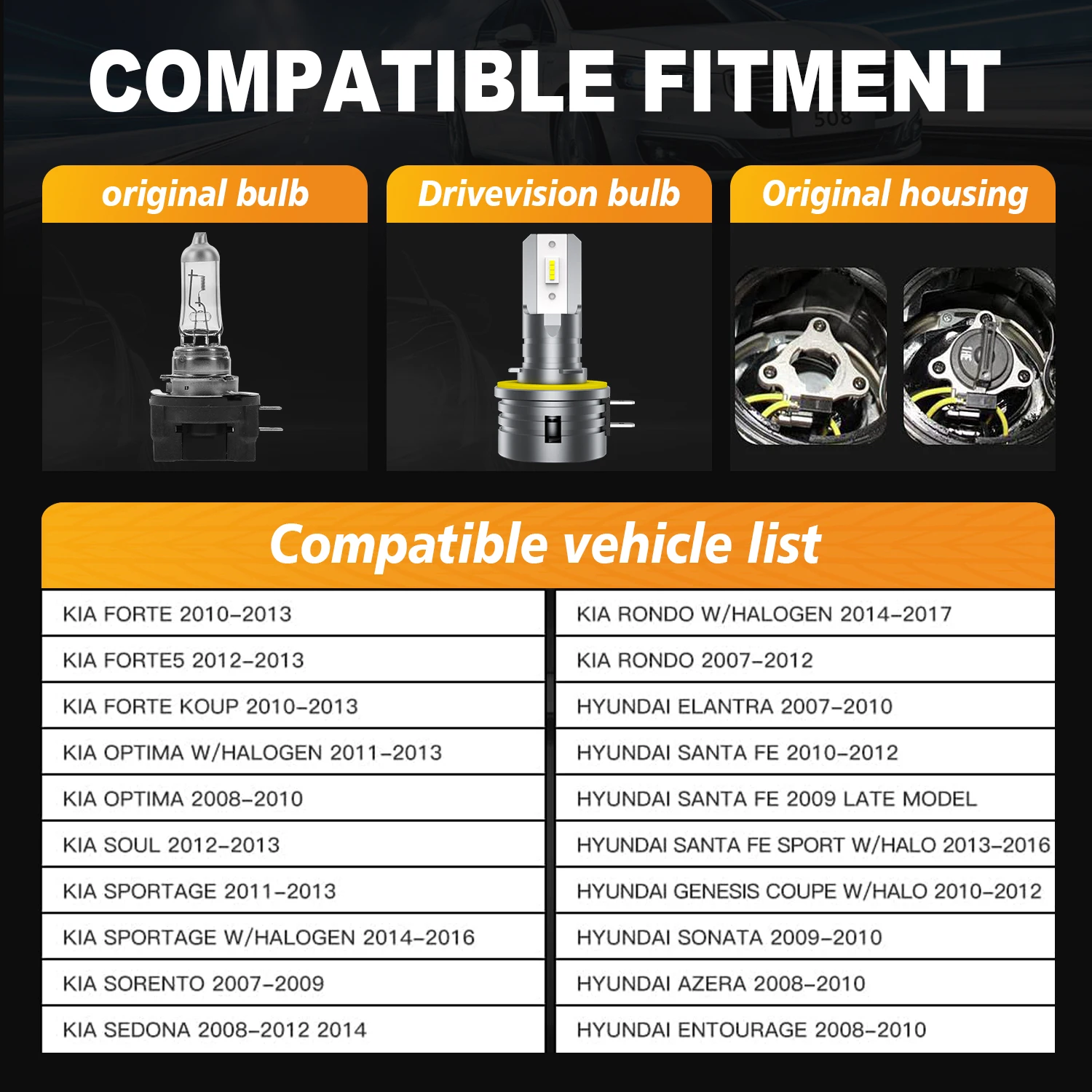 DRIVEVISION 2Pcs H11B LED Headlight Bulb Turbo 1:1 Size 40W 18000LM Low Beam High Beam 6000K White Plug and Play