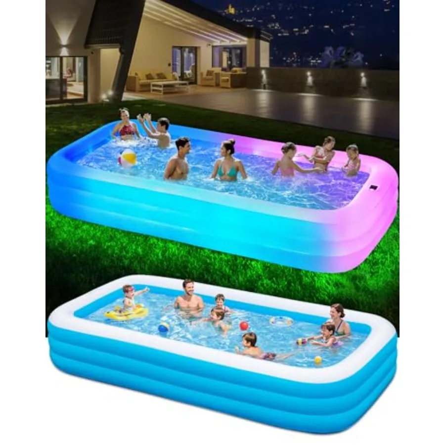 

Large Solar Inflatable Pool with Lights, 145x74x22, Oversized Thickened Blow Up Pool for Adults, 7 Color Changed Family Swimmin