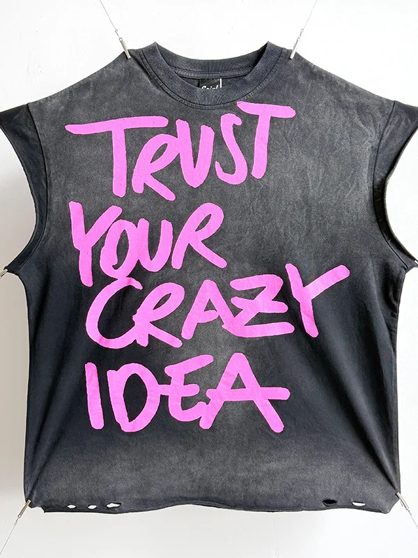 

Trust Yourself Vintage Washed Distressed Sleeveless Tank Top T-shirt Trendy Loose Fit Cotton round Neck Letter Print for Fitn...