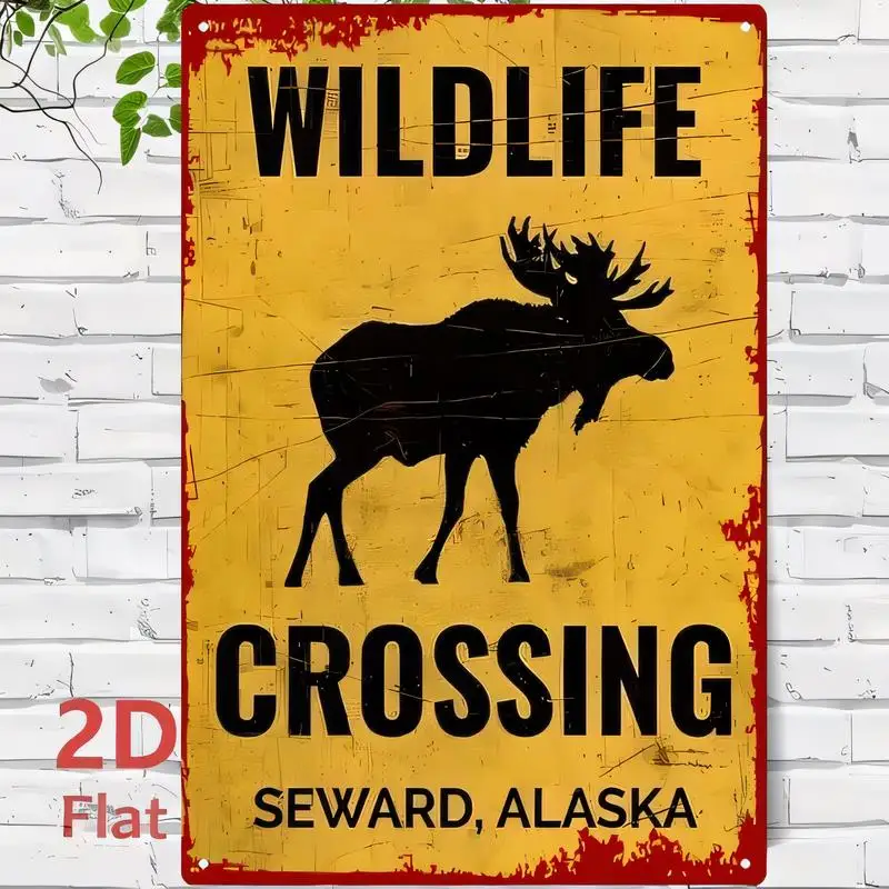 Wildlife Crossing Moose Seward Alaska Vintage Metal Tin Sign - Retro Yellow - Red Wall Art, Iron, Perfect for Home, Cabin, Alask