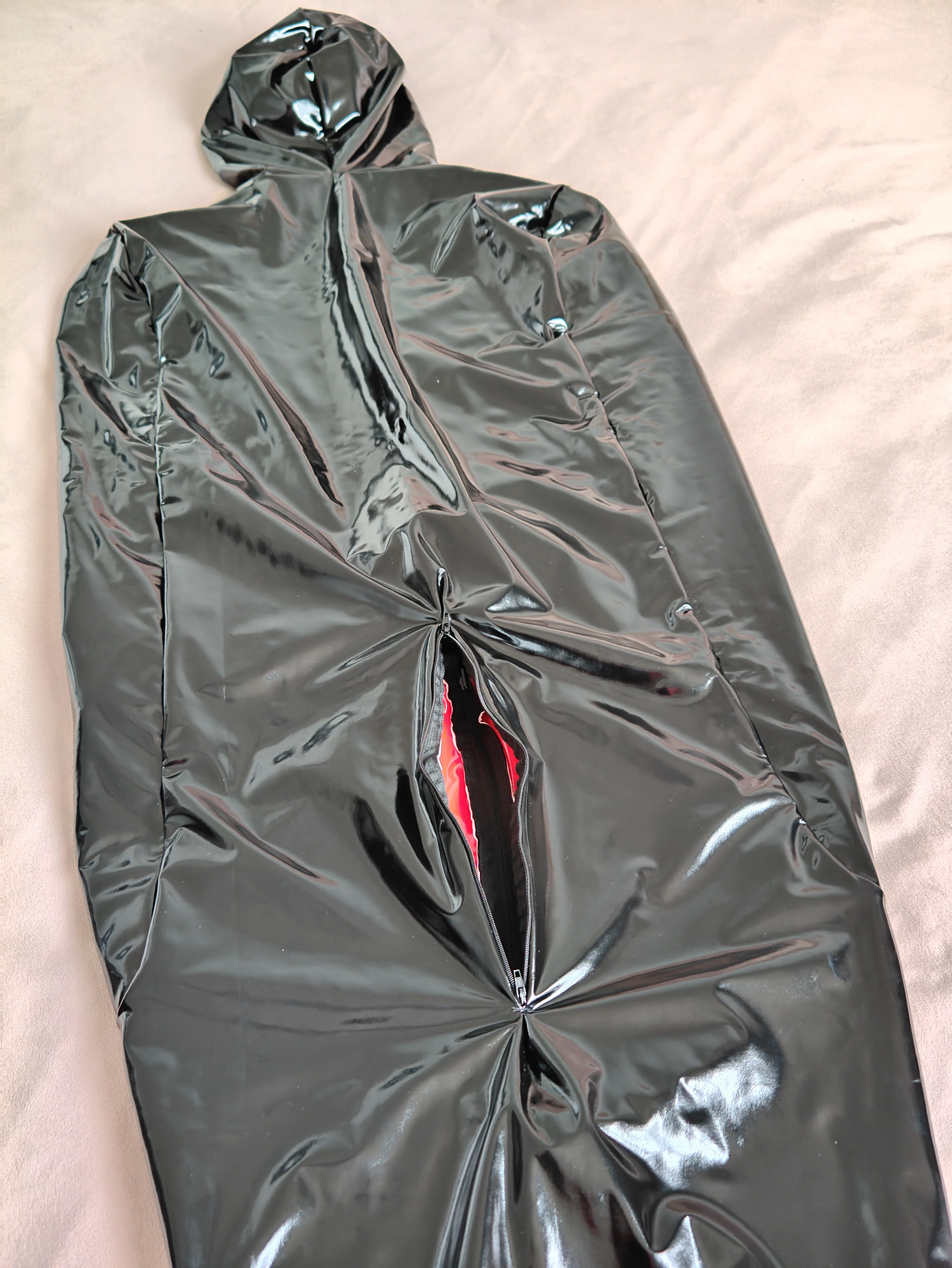 Double Side Wear PVC mummy Bag front 4-ways zipper With inter Sleeves Shiny faux leather Sleeping Bag Bodysuit have Hip zipper