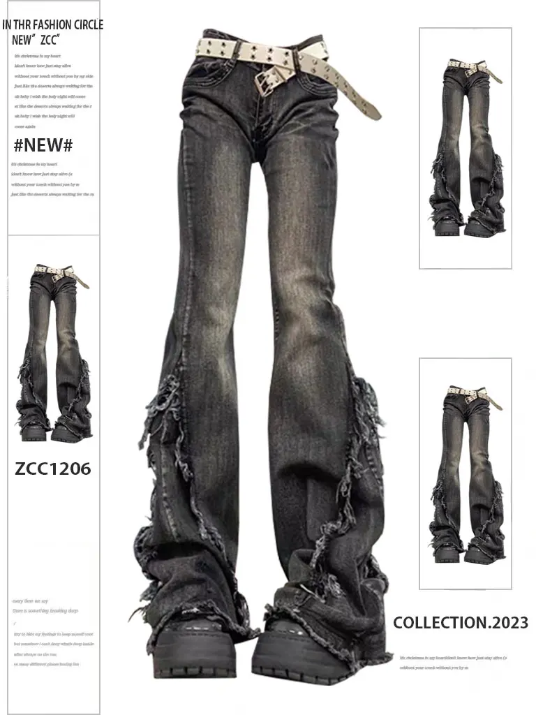 

Retro American Y2K Washed Frayed Hem Denim Jeans Women's Spicy Design Slimming Long Micro Flared Floor-Length Pants