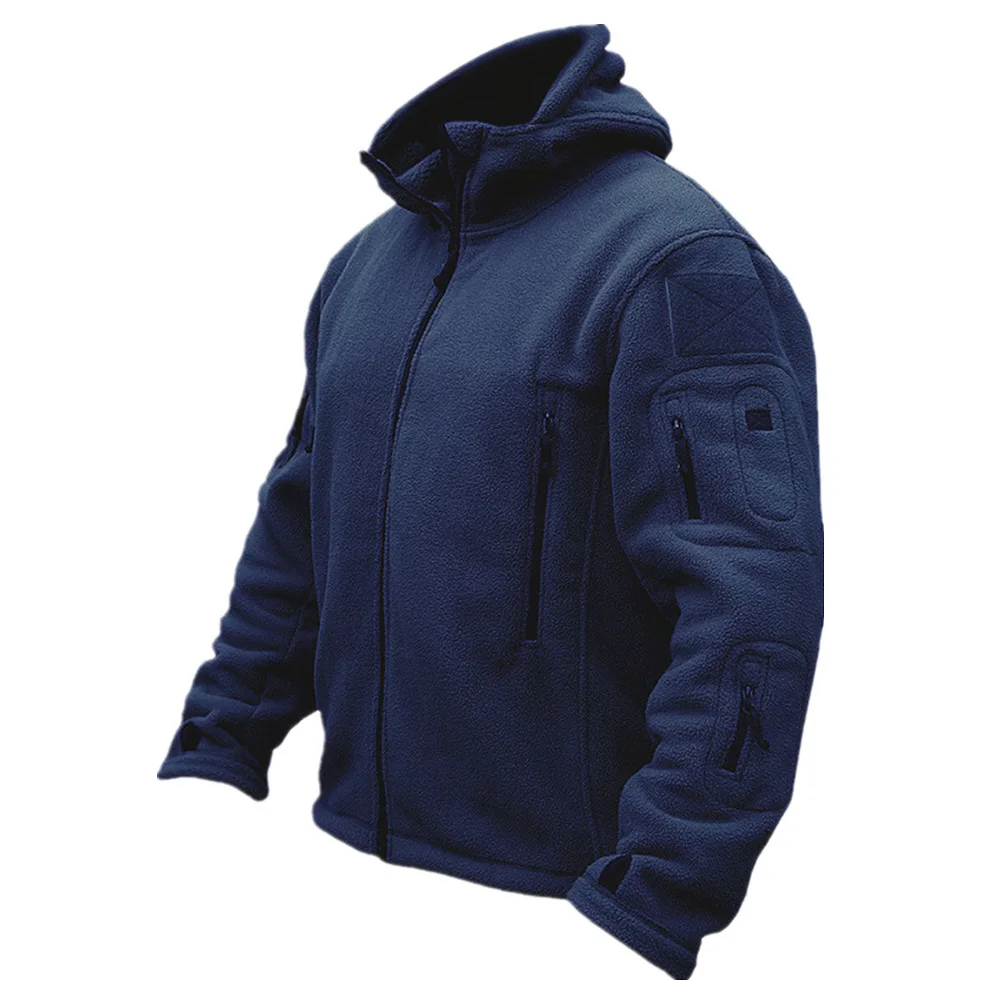 

GELITAYIN Winter New Fashionable Men's Outdoor Warm And Cold Resistant Fleece Jacket Solid Color Loose Hooded Zipper Multi Pocke