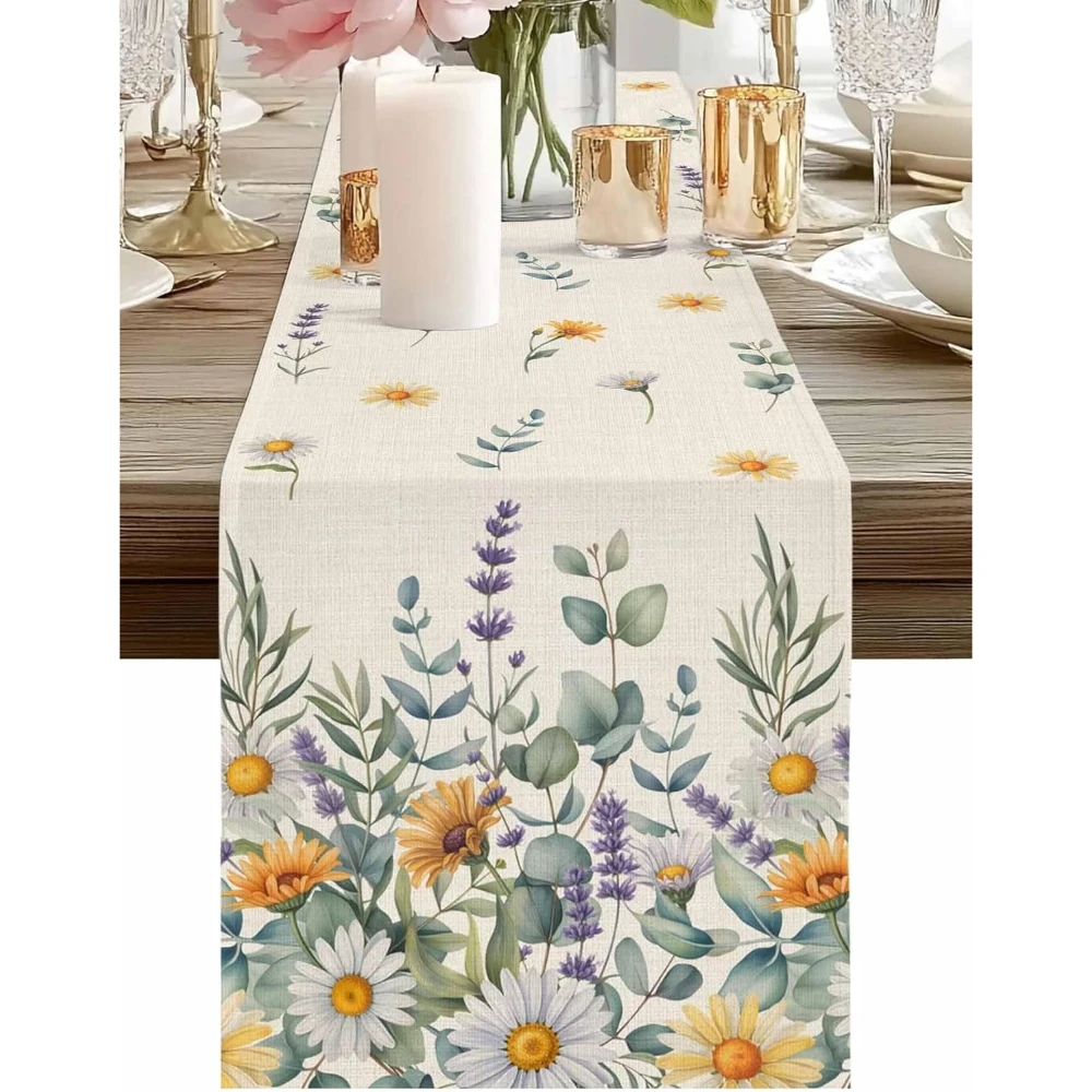 

Весенняя льняная дорожка на стол с ромашками и листьями эвкалипта, декор для вечеринок, фермерский цветочный узор, для кухни и столовой, украшение для дома