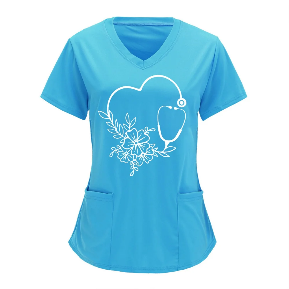 Summer Women's Clothing With Stethoscope Pattern Short Sleeved V-Neck Fashion Frosted Tops Uniform Short Sleeve Doctor Nurse New image 4