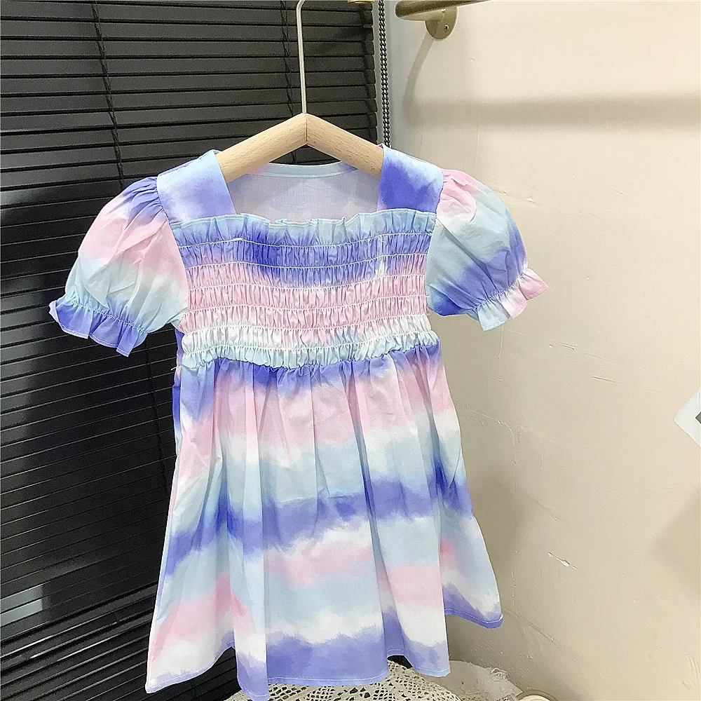 Summer Girls Sweet Wind Pull Beef Tendon Smudge Gradual Change Bubble Short Sleeve Cotton Princess Dress Doll Dress