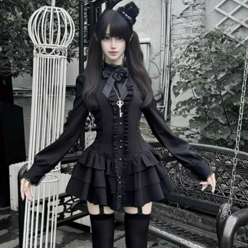 Japanisches Dunkles Gothic Y2k Lolita-Kleid Damen Vintage Spitze Rüschen Schleife Schlankes Prinzessinnenkleid Weibliches Harajuku Punk Party Minikleid