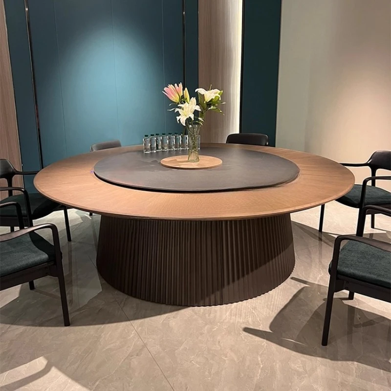 

New Chinese hotel dining table electric rock slab turntable large round table and chairs 15 people 20 hotel box club 2 meters