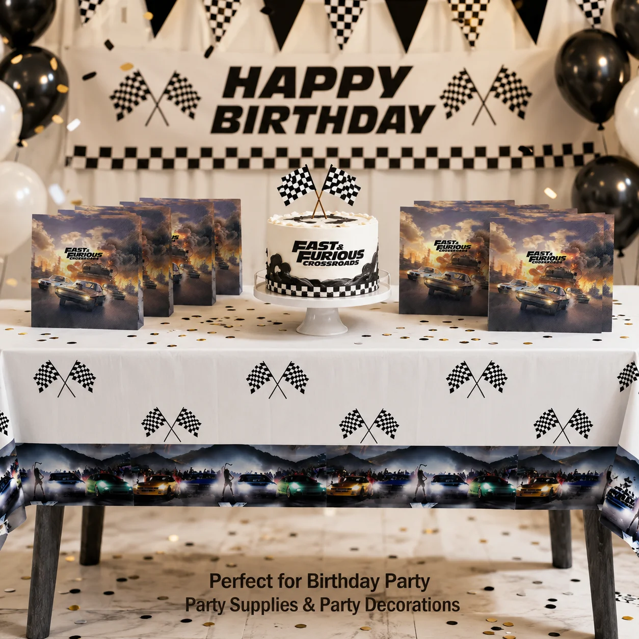 Fast Racing Style Furious Tablecloth Napkins Combination Birthday Tableware Checkered Decor Balcony Terrace Celebration Vibe