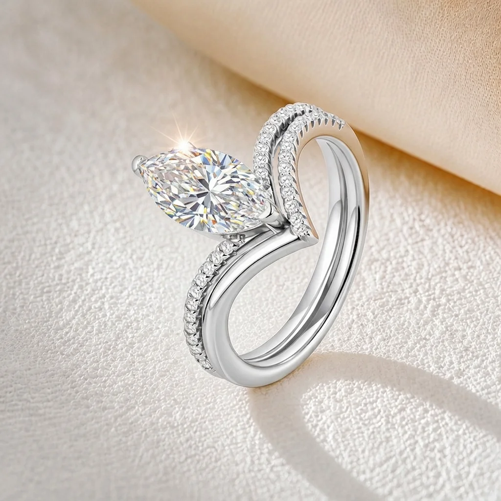 925 Sterling Silver Platinum Plated 2CT Marquise Moissanite Ring Set Twist Pave Band Engagement Wedding Promise Ring GRA Certifi