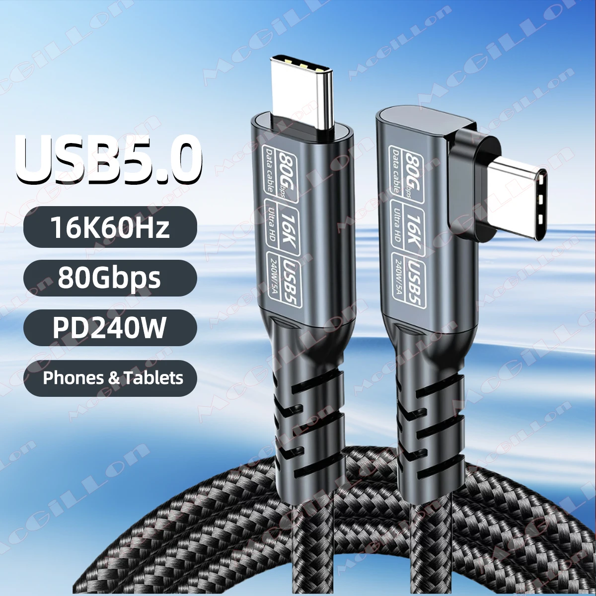 Câble USB5 80Gbps Type C à C cordon de données PD 5A 240W charge rapide 16K60Hz vidéo Compatible pour Thunderbolt5 4 USB coude à 90 degrés