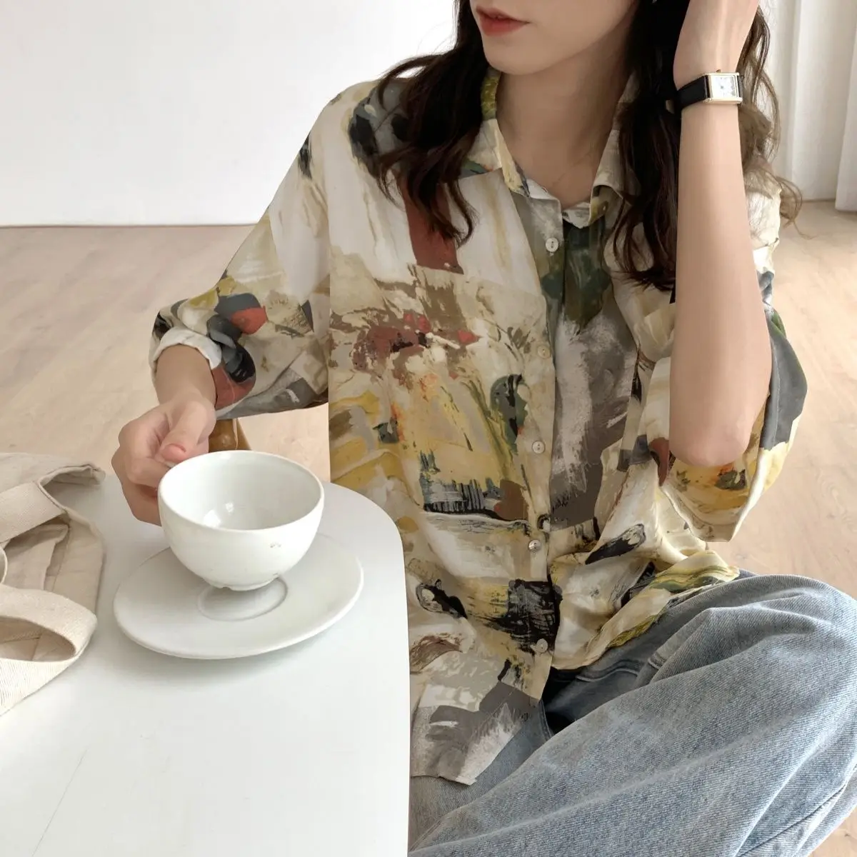 Summer Woman's Clothing Ins HongKong Retro Style Chic Half Sleeve Shirt Large Color Block Creative Mash Up Graffiti Casual Loose