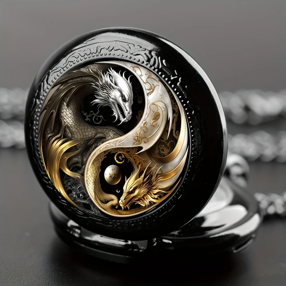 Exquisite Vintage Golden And Silvery Double Dragon Quartz Pocket Watch Unique Round Dial Necklace Chain Pendant Souvenir Gift