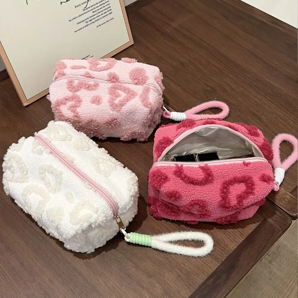 Sweet Plush Love Heart Plush Makeup Bag With Handle Large Capacity Toiletry Bag Travel Organizer Portable Cosmetic Bag Cream