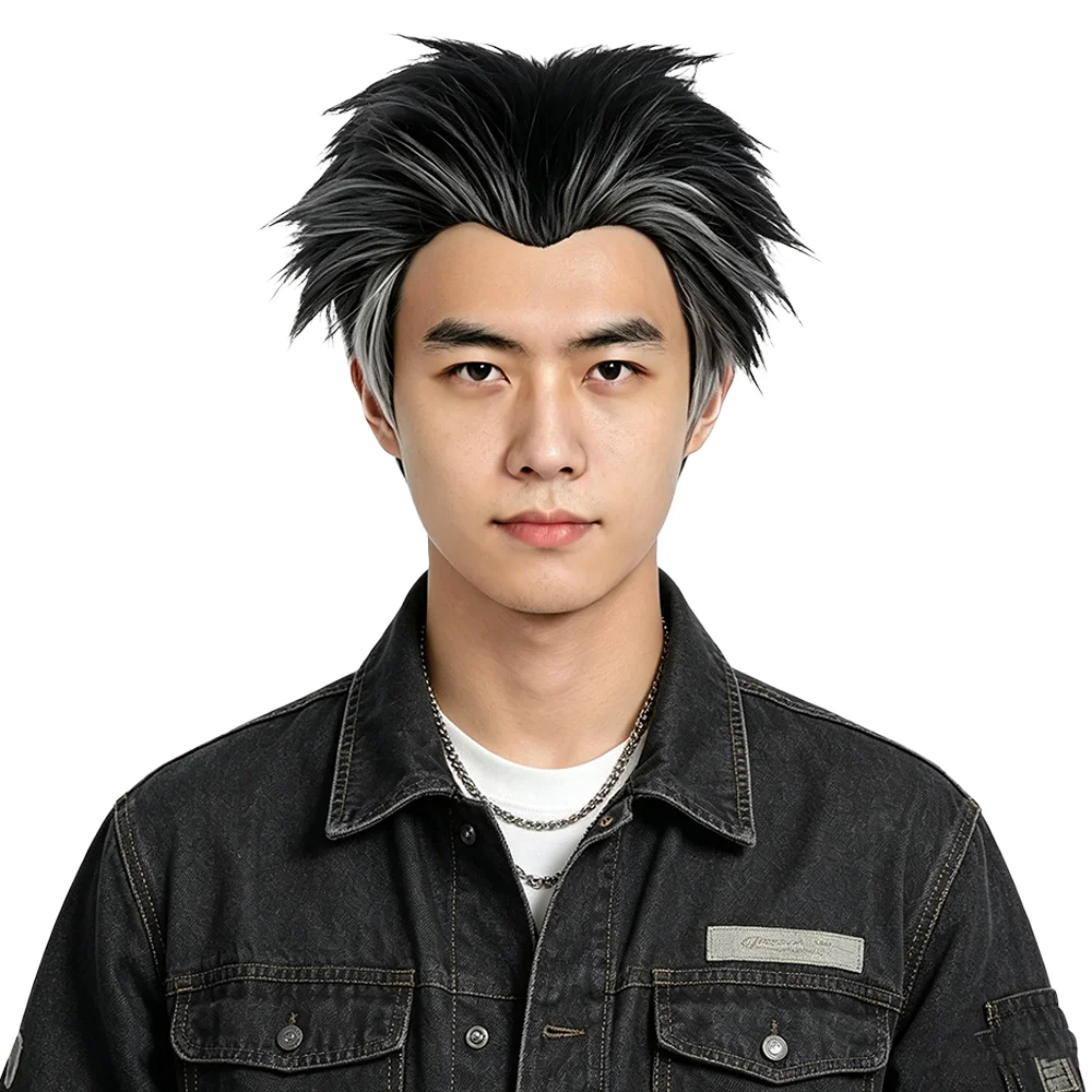 

Black Gray Gradient Widow's Peak Men Short Cosplay Wig Natural Fluffy Universal Back Head Style Heat Resistant Synthetic Wig