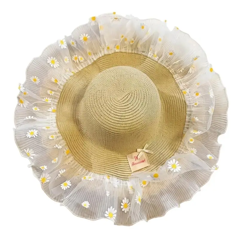 R7UF Oversized Brims Sun Hat With Lace Flowers Great For Photoshoots And Event