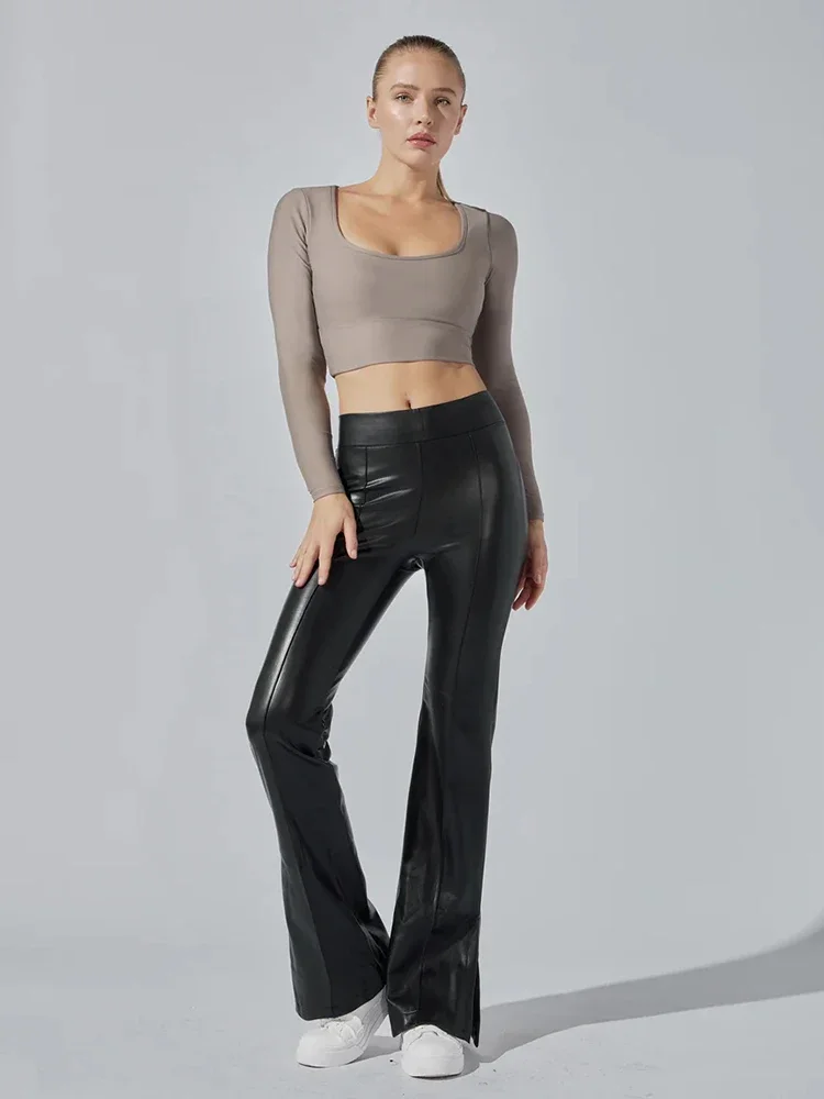 

Women Matte Faux Leather Vintage Slim Flare Pants Lady High Waist Stretch PU Ankle Side Split Bell-Bottom Trousers Casual Custom