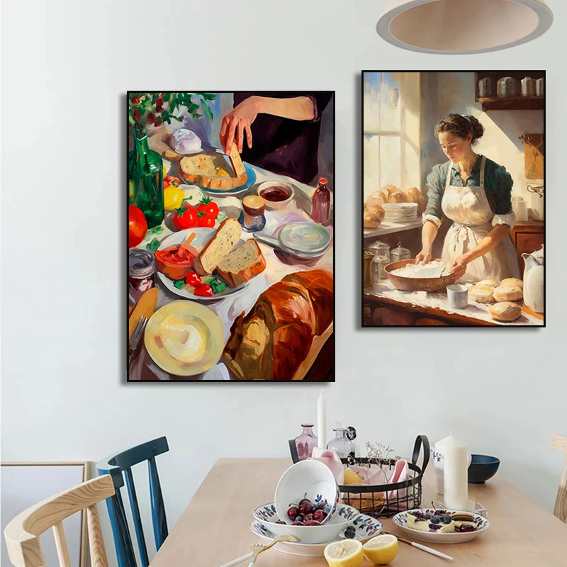The Breadmaker Cheese Vintage Food Fruit Wine Poster Art, Kitchen Canvas Painting Antique Floral Food Baker Gift Home Decor