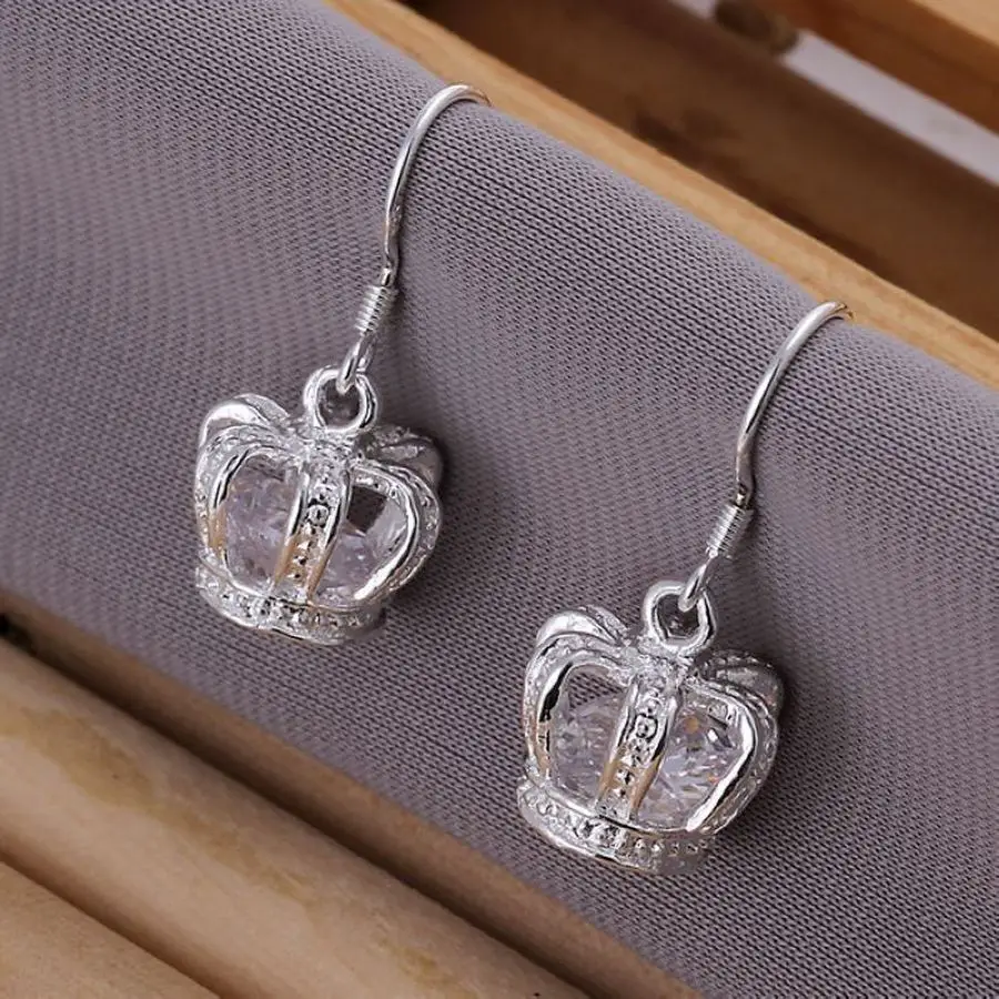

925 Sterling Silver Crown Earrings For Women Elegant Noble Design Beautiful Fashion Crystal Wedding Jewelry Free Shipping