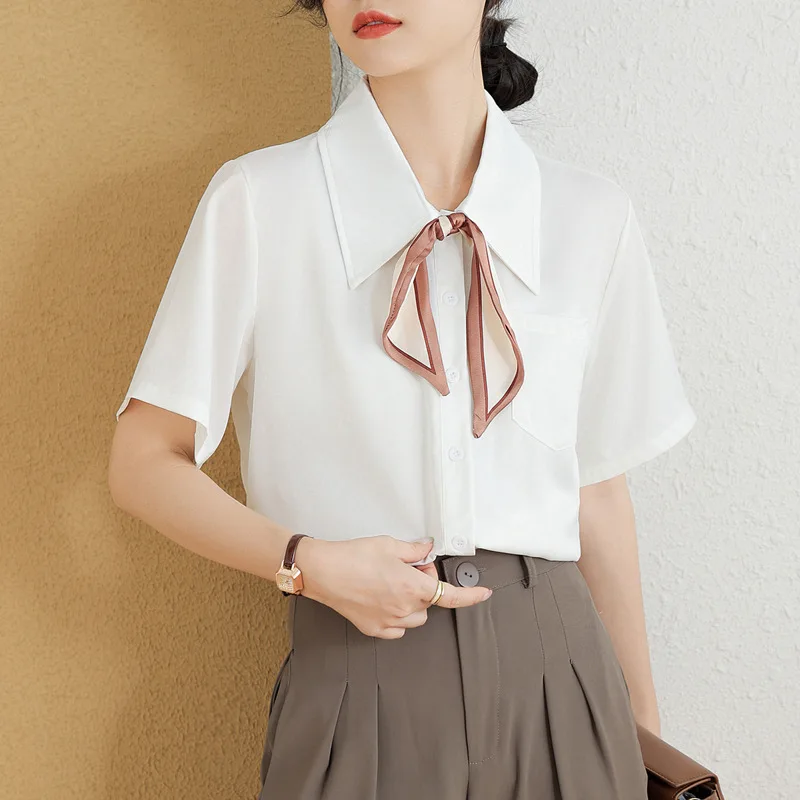 Lace-up Professional White Chiffon Shirt for Women Summer New Commuter Interview Short Sleeve Top French Shirt Light Ripe